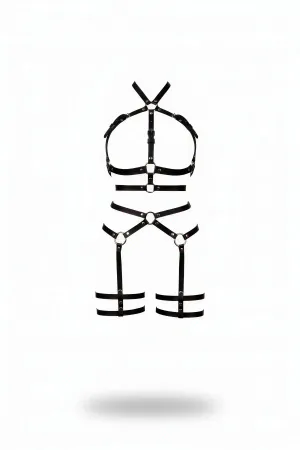 Black Faux Leather Full Body Harness with Thigh Straps O-Rings