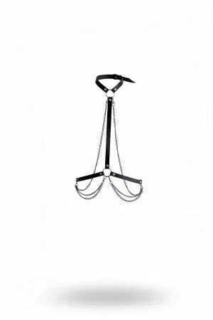 Black Faux Leather Chest Harness with Collar and Draped Chains
