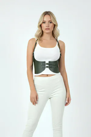 Olive Green Faux Leather Underbust Harness Waist Cincher Adjustable Straps