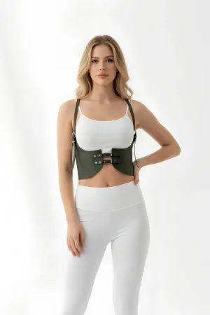 Olive Green Faux Leather Underbust Harness Waist Cincher Adjustable Straps
