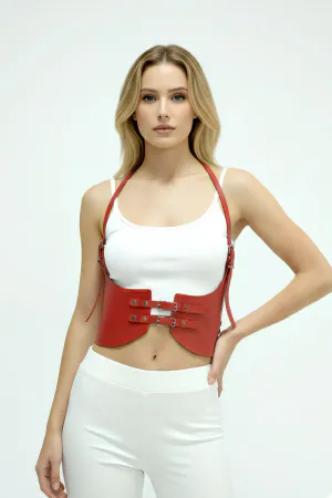Red Faux Leather Underbust Harness Triple Buckles Fashion Accessory