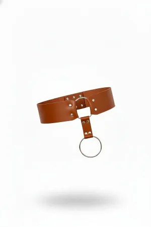 Tan Faux Leather Wide Waist Belt with Silver Drop O-Ring Detail