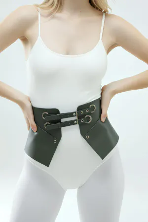 Dark Grey Faux Leather Waspie Waist Belt with Dual Buckles and O-Rings, front view