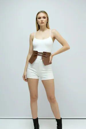 Tan Faux Leather Waspie Waist Harness Double Buckles