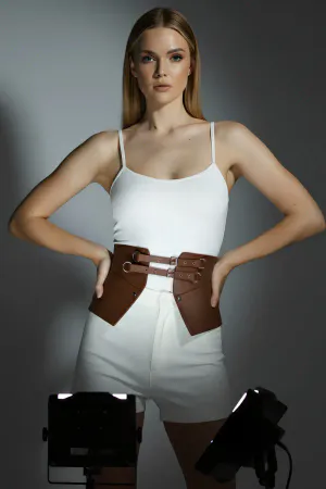Tan Faux Leather Waspie Waist Harness Double Buckles