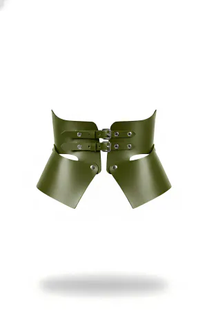 Olive Green Sculptural Faux Leather Waist Harness with Flared Panels