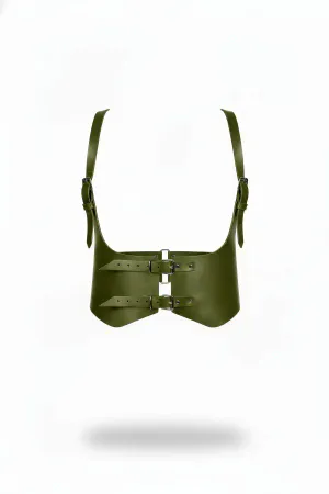 Olive Vegan Leather Underbust Waspie Harness Top with Adjustable Shoulder Straps