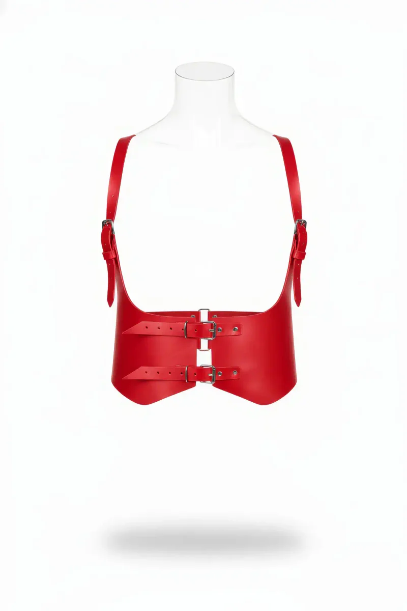 Red Faux Leather Waist Shaping Harness Shoulder Straps Front View