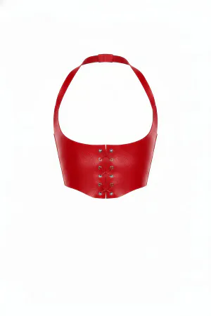 Red Faux Leather Halter Neck Corset Top Front Lace-Up Detail