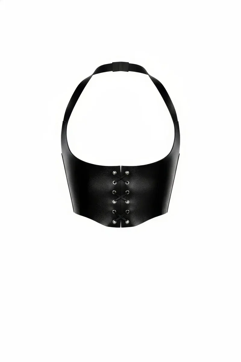 Black Faux Leather Underbust Corset Halter Neck Front Lacing