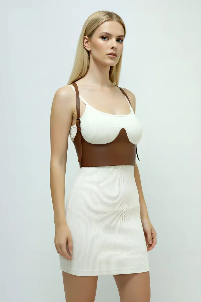 Tan Faux Leather Underbust Harness with Sculpted Cups for Women