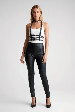 Black Faux Leather Multi-Strap Chest Harness with Choker and Silver Buckles