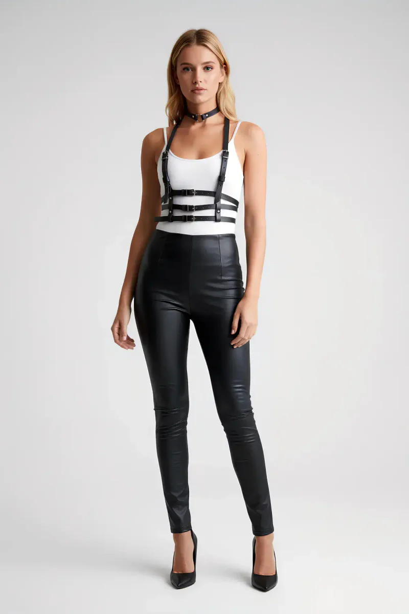 Fashion Harness Outfit Black Faux Leather Stra