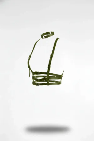 Dark Khaki Vegan Leather Multi-Strap Chest Harness with Integrated Choker