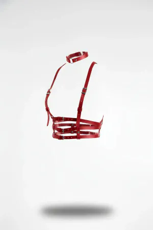 Red Faux Leather Underbust Harness with Choker Adjustable Straps