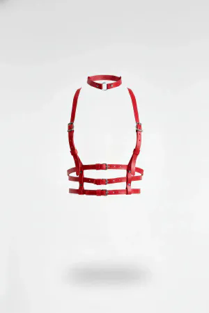 Red Faux Leather Multi-Strap Body Harness with Choker Silver O-Ring