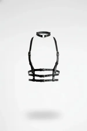 Black Faux Leather Body Harness with Choker O-Ring and Three Buckle Straps