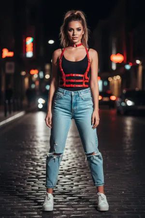 Red Faux Leather Multi-Strap Chest Harness and Choker, worn over black top