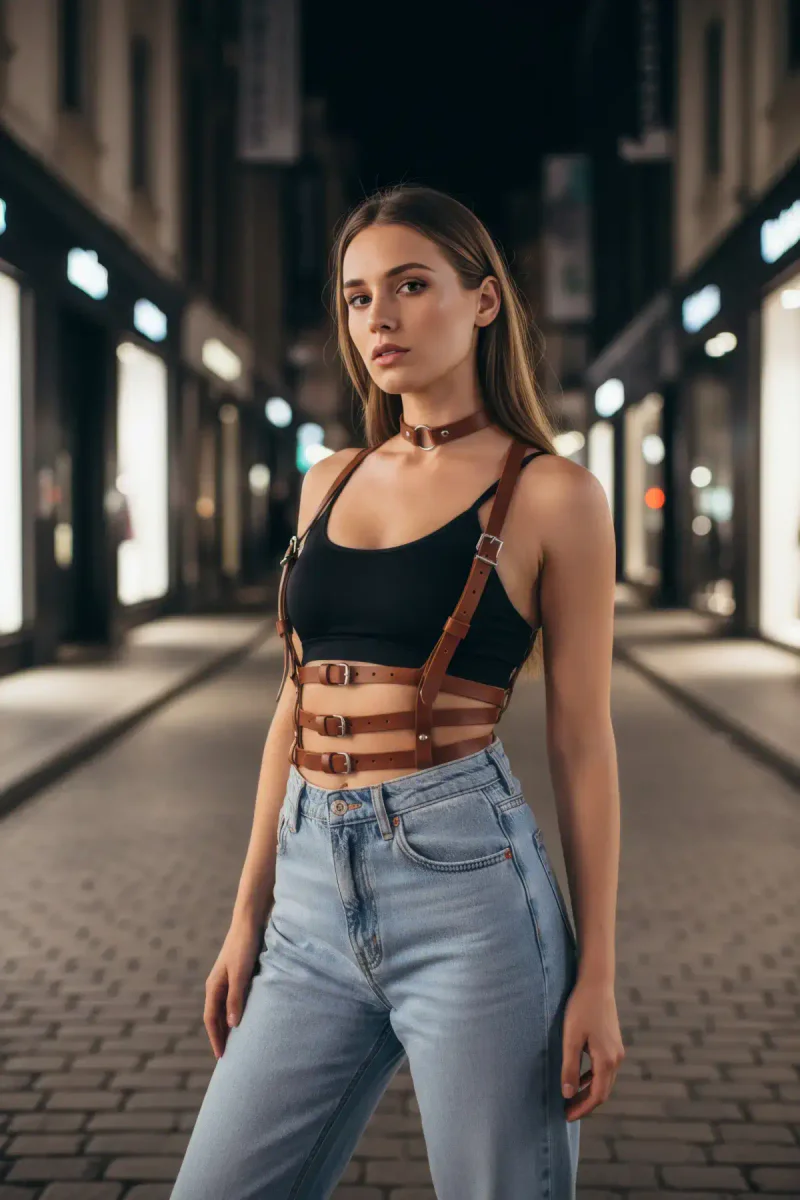 Vegan Leather Body Harness Side Profile Tan F