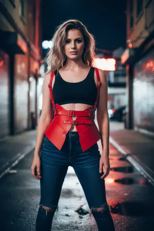 Red Faux Leather Underbust Harness Corset Adjustable Buckles
