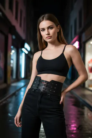 Wide Black Faux Leather Waist Harness Belt Triple Buckles Studded