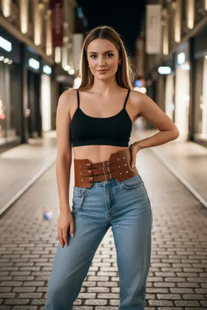 Tan Faux Leather Waspie Waist Belt with Three Buckles