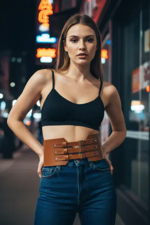 Tan Faux Leather Waspie Waist Belt with Three Buckles
