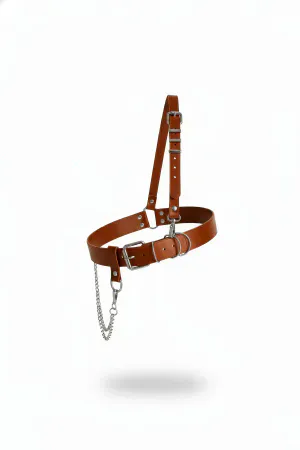 Tan Vegan Leather Waist Harness with Single Shoulder Strap and Detachable Chain