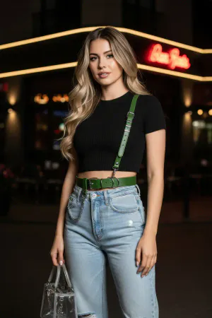 Olive Green Faux Leather Diagonal Harness with Detachable Chain, Worn