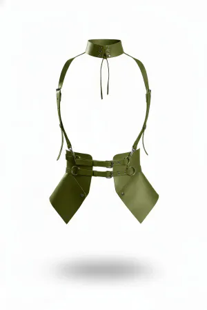 Olive Green Vegan Leather High Collar Body Harness with Draped Hip Panels