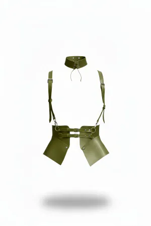 Olive Green Faux Leather Corset Harness Adjustable Shoulder Straps Hip Panels