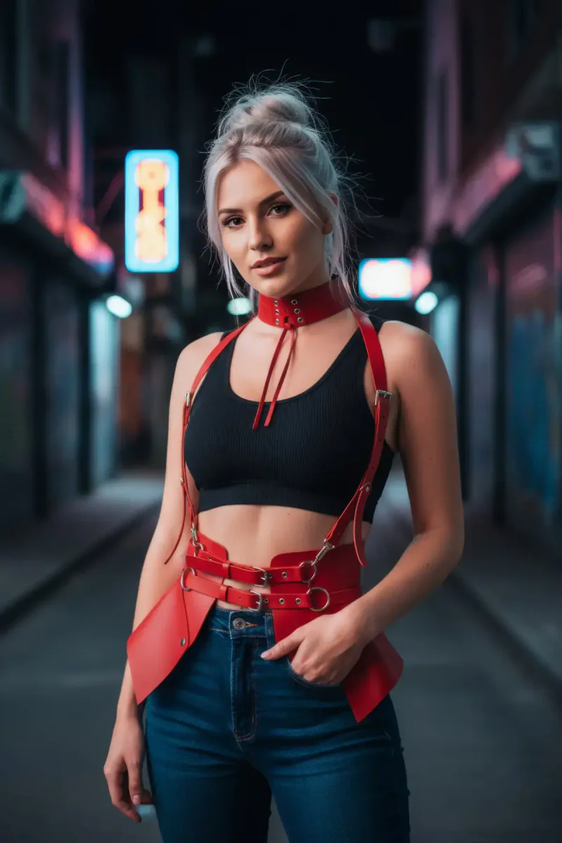 Red Faux Leather Choker and Harness