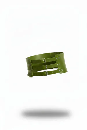Wide Olive Faux Leather Underbust Waspie Belt with Three Buckles
