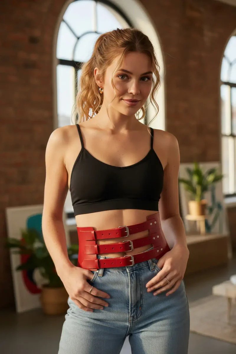 Red Faux Leather Waist