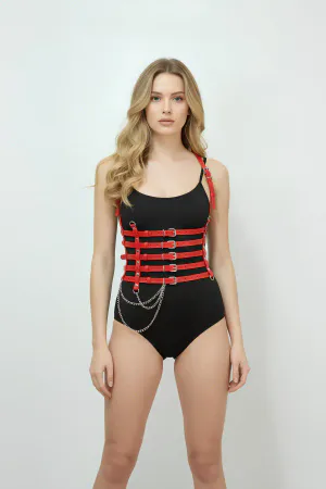 Red Faux Leather Multi-Strap Corset Body Harness with Detachable Chain