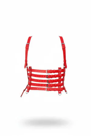 Red Vegan Leather Multi-Strap Caged Harness Women Adjustable Silver Buckles