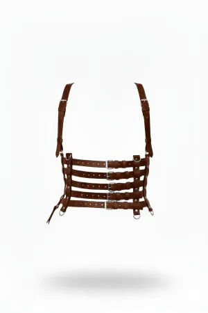 Brown Faux Leather Underbust Caged Harness with Multiple Buckle Straps
