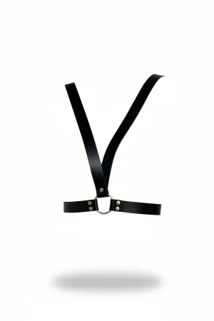 Black Faux Leather Chest Harness with Silver O-Ring Detail