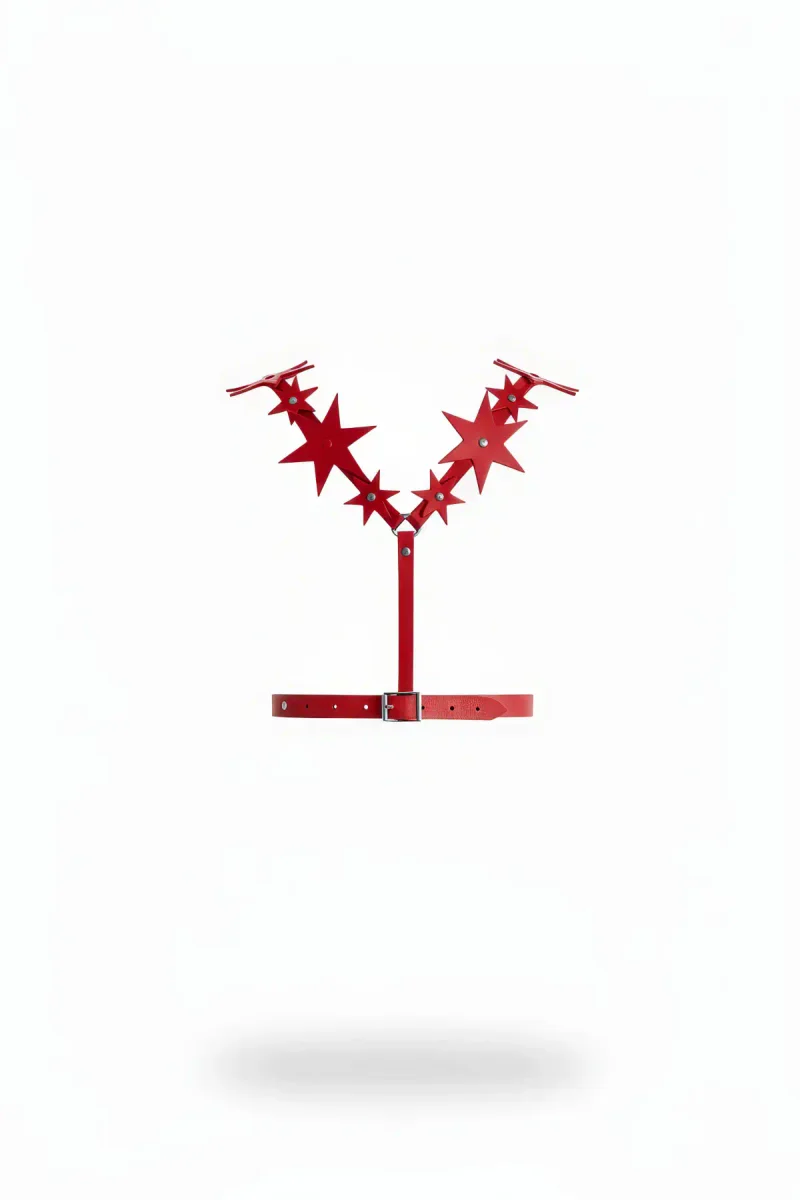 Red Faux Leather Star Burst Chest Harness Front View Adjustable Waist