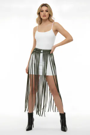Haki Etek Uzun Püsküllü Suni Deri Etek Zımba Detaylı Etek - APFT637