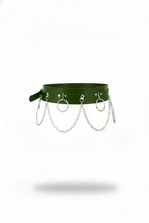 Forest Green Faux Leather Waist Harness with Silver Chains and O-Rings