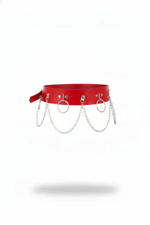 Red Vegan Leather Waist Harness with Draping Silver Chains