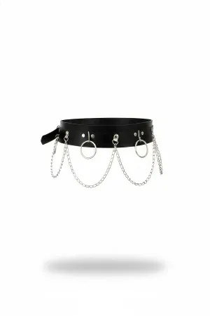 Black Faux Leather Wide Waist Belt with Draped Silver O-Ring Chains