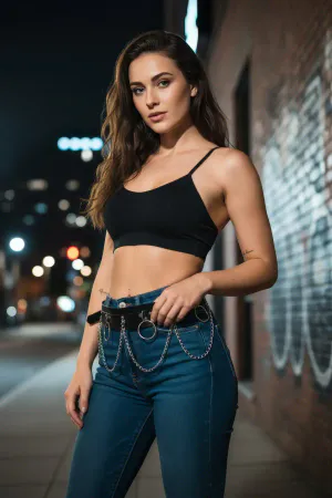 Black Faux Leather O-Ring Waist Belt with Silver Chains