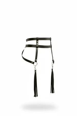 Black Faux Leather Hip Harness with Tassels and O-Ring Accent