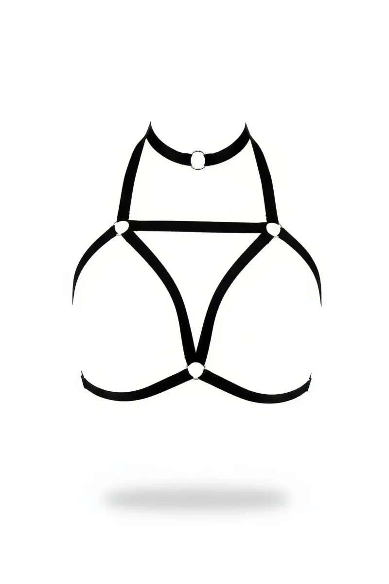 Black Faux Leather High Neck Chest Harness with Silver O-Rings