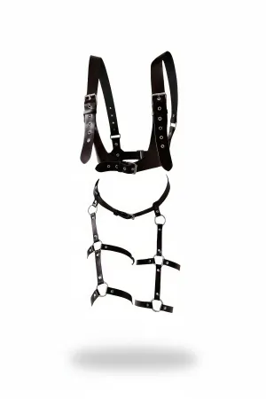 Black Faux Leather Full Body Harness with Adjustable Leg Straps and O-Rings