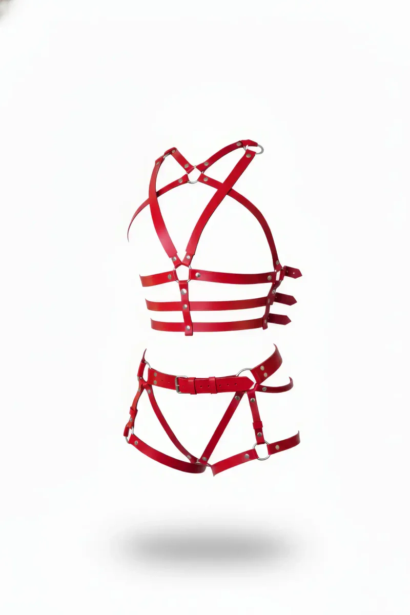 Red Faux Leather Cage Body Harness Set with Silver O-Rings and Buckles