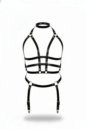 Black Faux Leather Full Body Harness Halter Choker Garter Straps