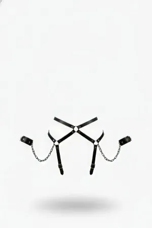 Black Faux Leather Chest Harness with Detachable Handcuff Chains